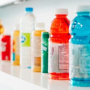 green and white labeled bottles